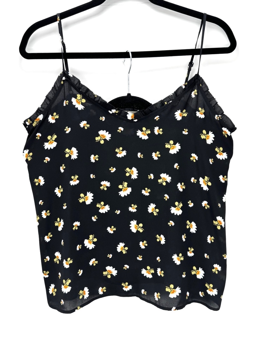 LOFT Black Daisy Print Spaghetti Strap Cami with Ruffle Trim
